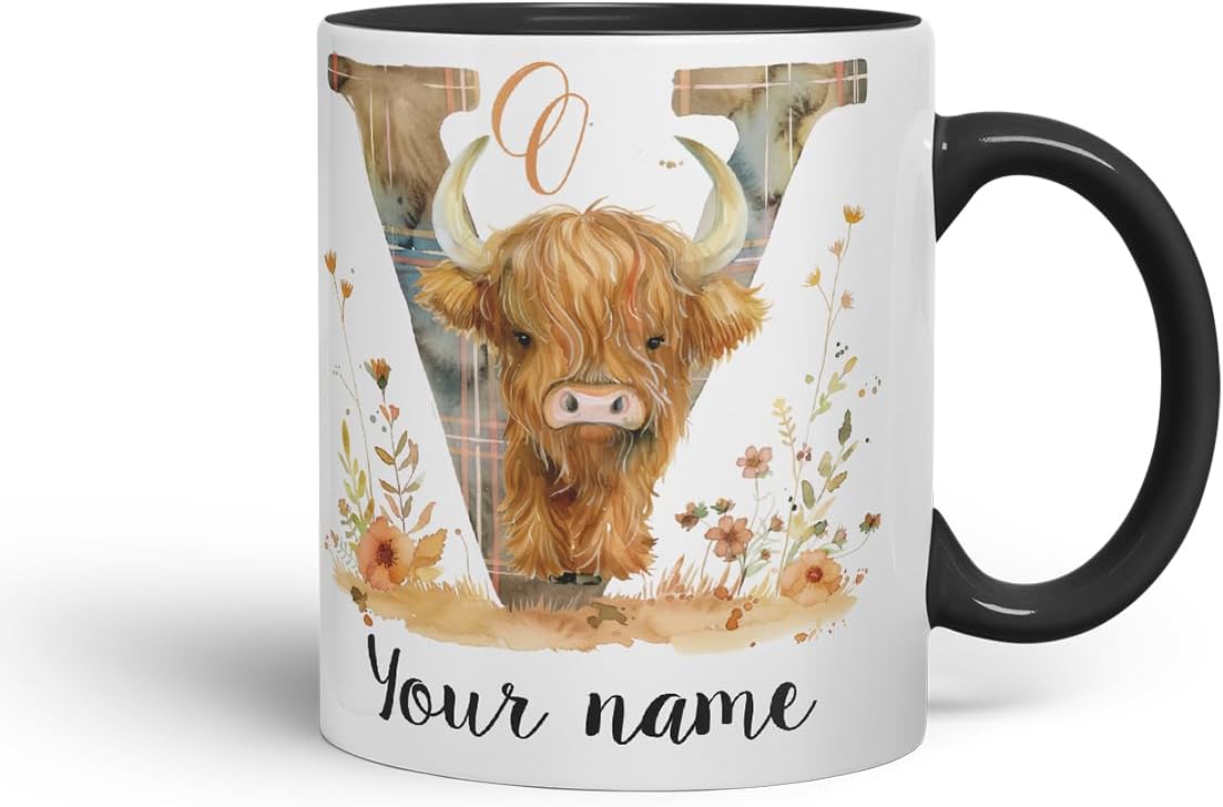 Vixar Personalised Highland Cow Initial Letter V Custom Name Mug – Coloured Ceramic Mug Cup Gift, 11oz (Black)