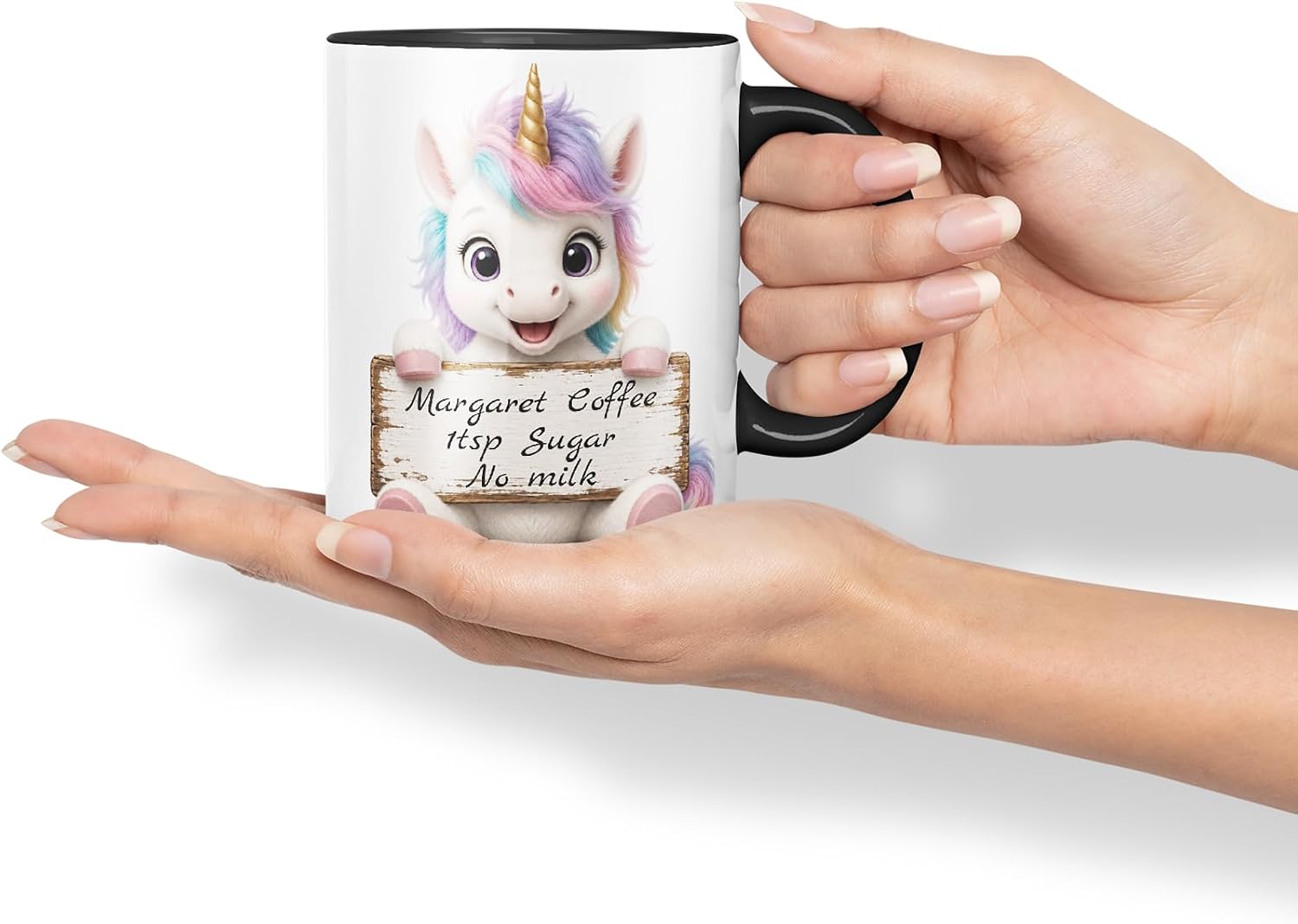 Vixar Personalised Pastel Unicorn Mug with Name or Custom Message – Cute Animal Coloured Ceramic Mug Cup Gift, 11oz (Black)