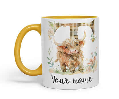 Vixar Personalised Highland Cow Initial Letter T Custom Name Mug – Coloured Ceramic Mug Cup Gift, 11oz (Black)