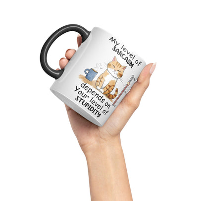 My Level of Sarcasm Depends on Your Level of Stupidity Cat Joke Ceramic Coloured Mug Cup for Tea Coffee Hot Brew 330ml 11Oz