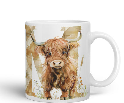 Vixar Highland Cow Alphabet Monogram Coloured Ceramic Cup Mug – Letter N – Rustic Farmhouse Animal Letter Gift – 11oz (Black)