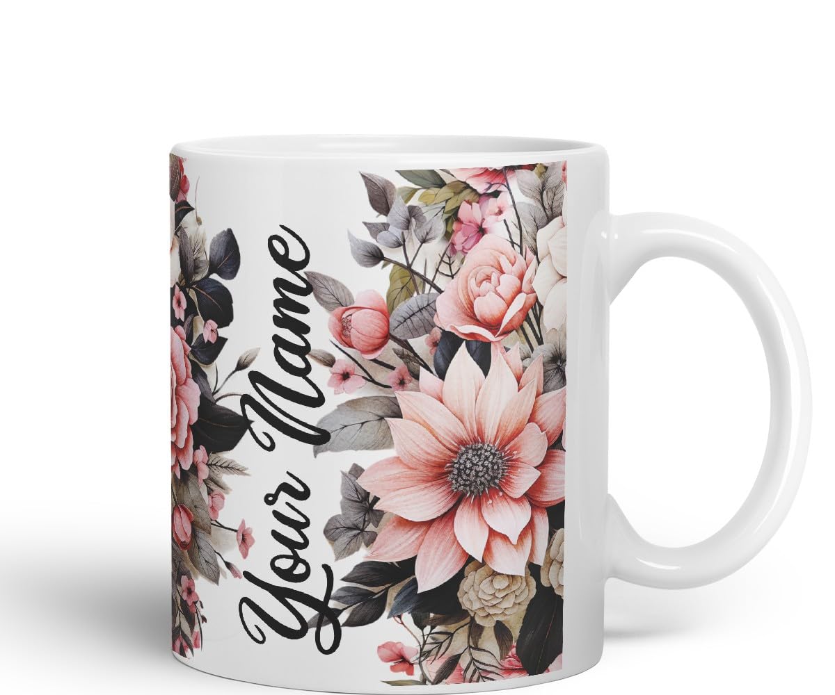 Vixar Personalised Rose Mug – Custom Your Name Coloured Ceramic Mug Cup Gift, 11oz (Black)