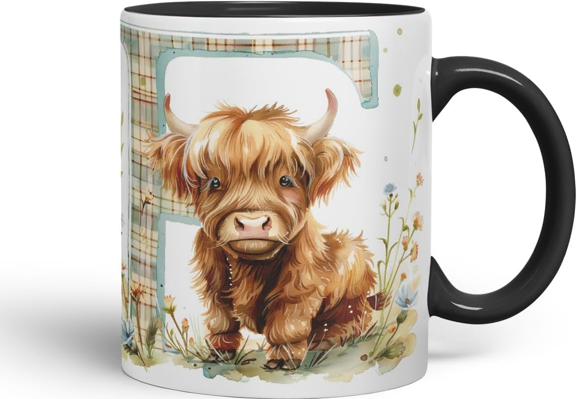 Vixar Highland Cow Alphabet Monogram Coloured Ceramic Cup Mug – Letter F – Rustic Farmhouse Animal Letter Gift – 11oz (Black)
