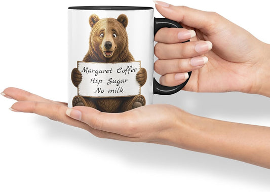Vixar Personalised Bear Mug with Name or Custom Message – Cute Animal Coloured Ceramic Mug Cup Gift, 11oz (Black)