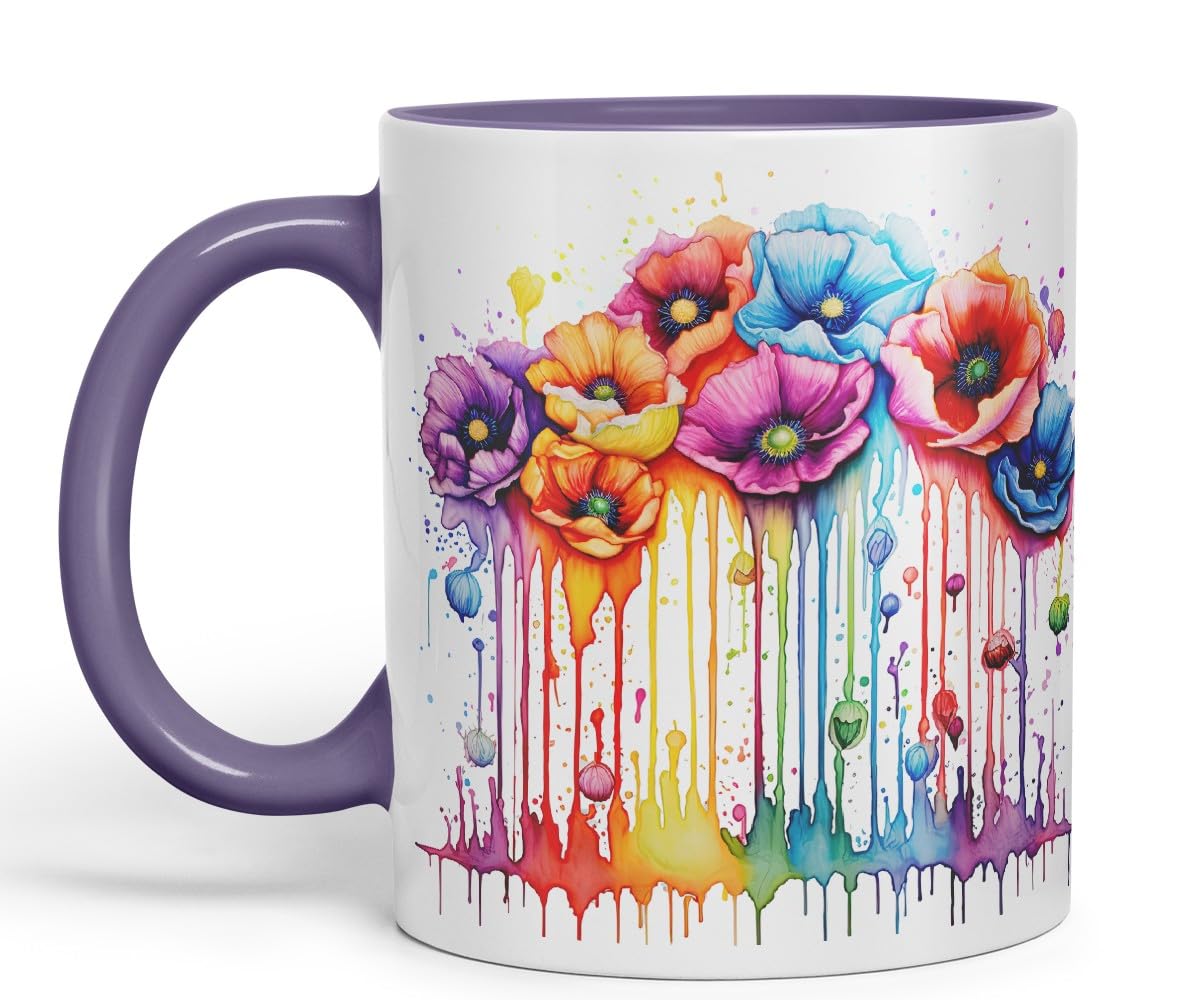 Vixar Poppy Field Art Mug Coloured Ceramic Mug Cup Gift, 11oz (Pink)