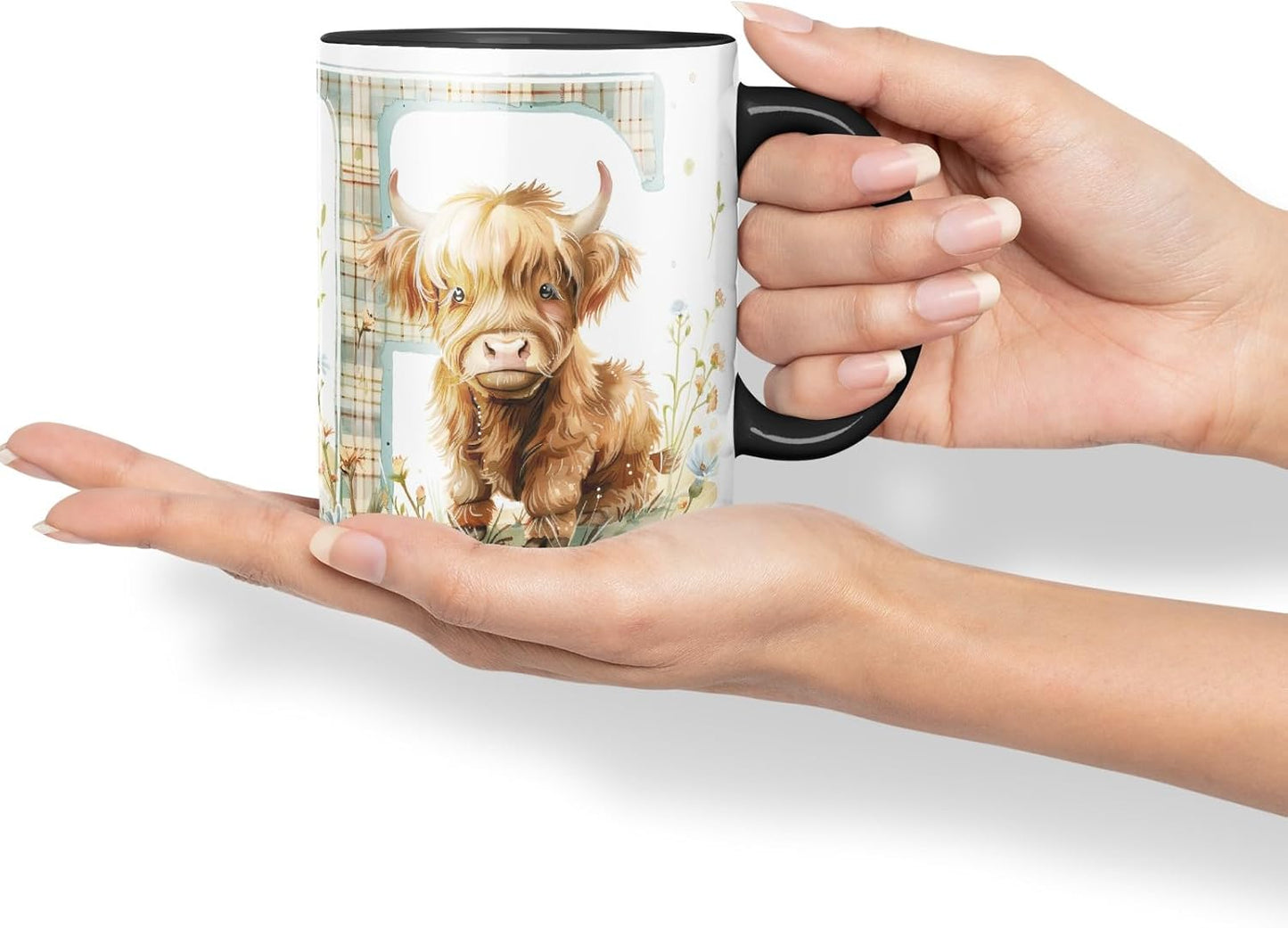 Vixar Highland Cow Alphabet Monogram Coloured Ceramic Cup Mug – Letter F – Rustic Farmhouse Animal Letter Gift – 11oz (Black)