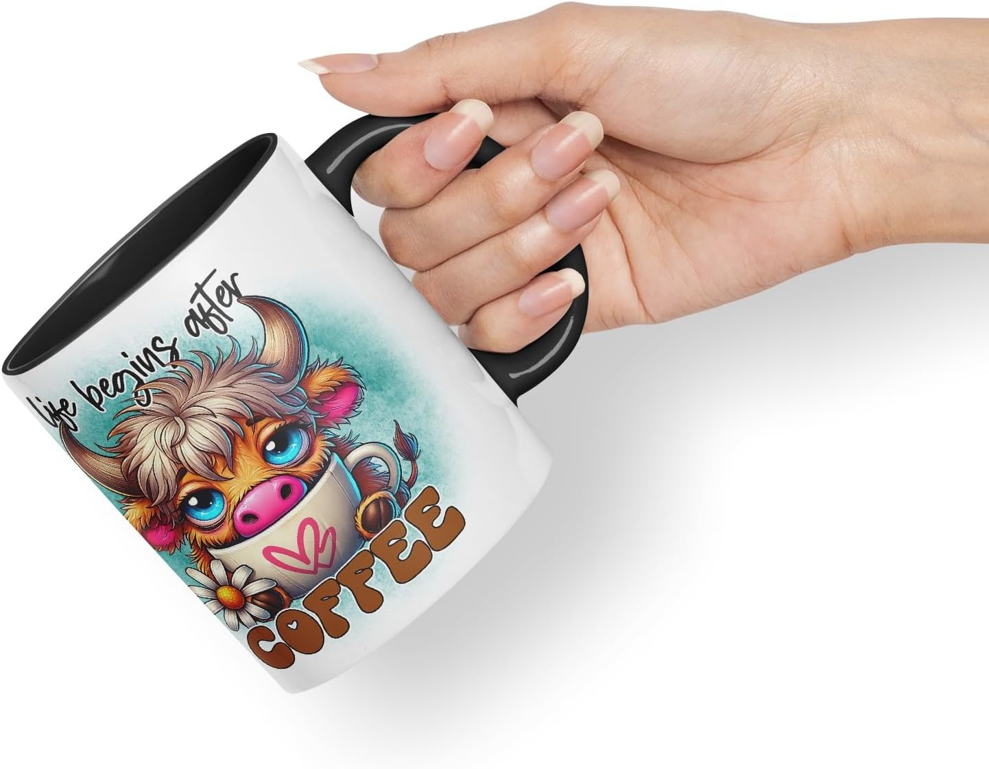 Vixar Life Begins After Coffee Highland Cow Coloured Ceramic Mug Cup Gift for Coffee Lovers 11oz (Black)