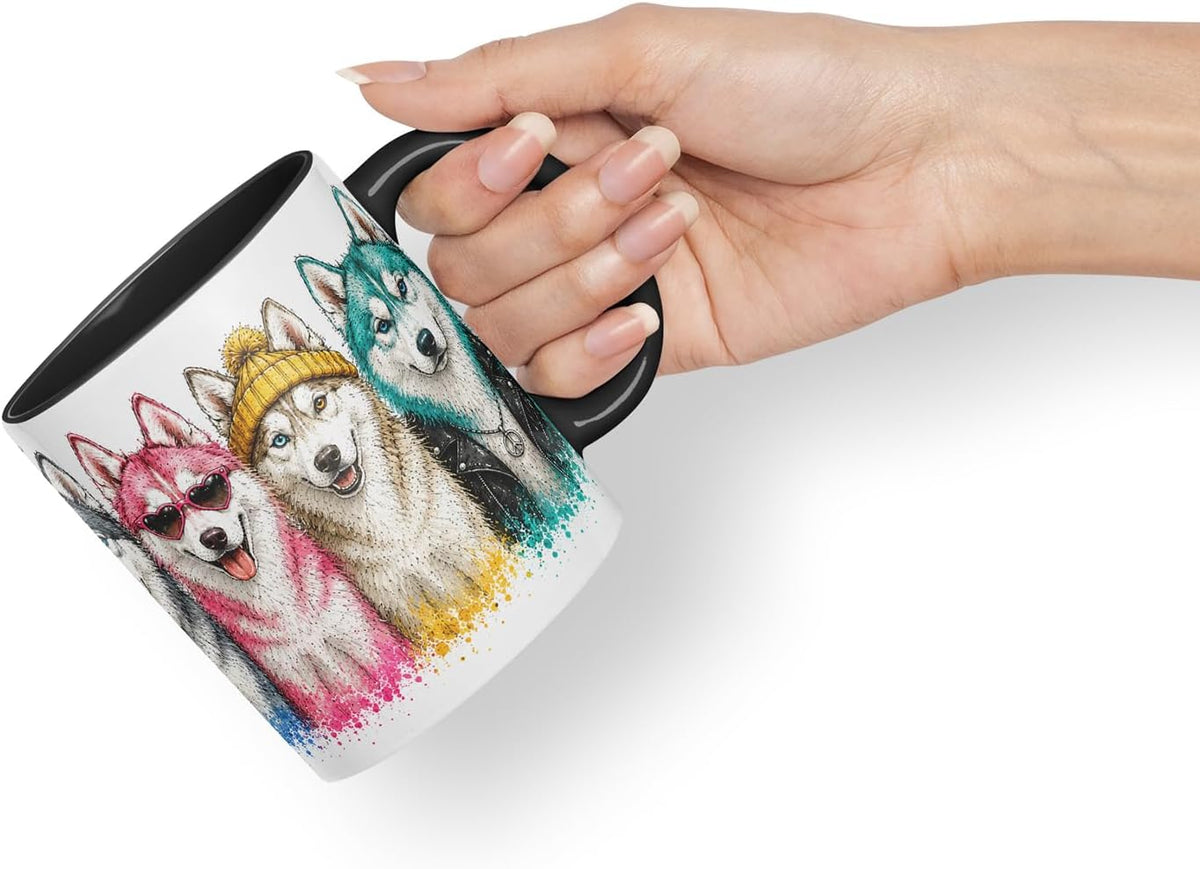 Huskies Mug – Cute Husky Dogs Coloured Ceramic Mug Cup Gift, 11oz (Black)