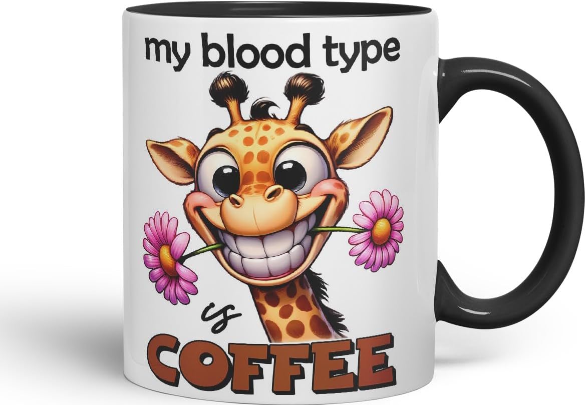 Vixar My Blood Type is Coffee Sarcastic Giraffe Mug Coloured Ceramic Cup 11oz (Black)