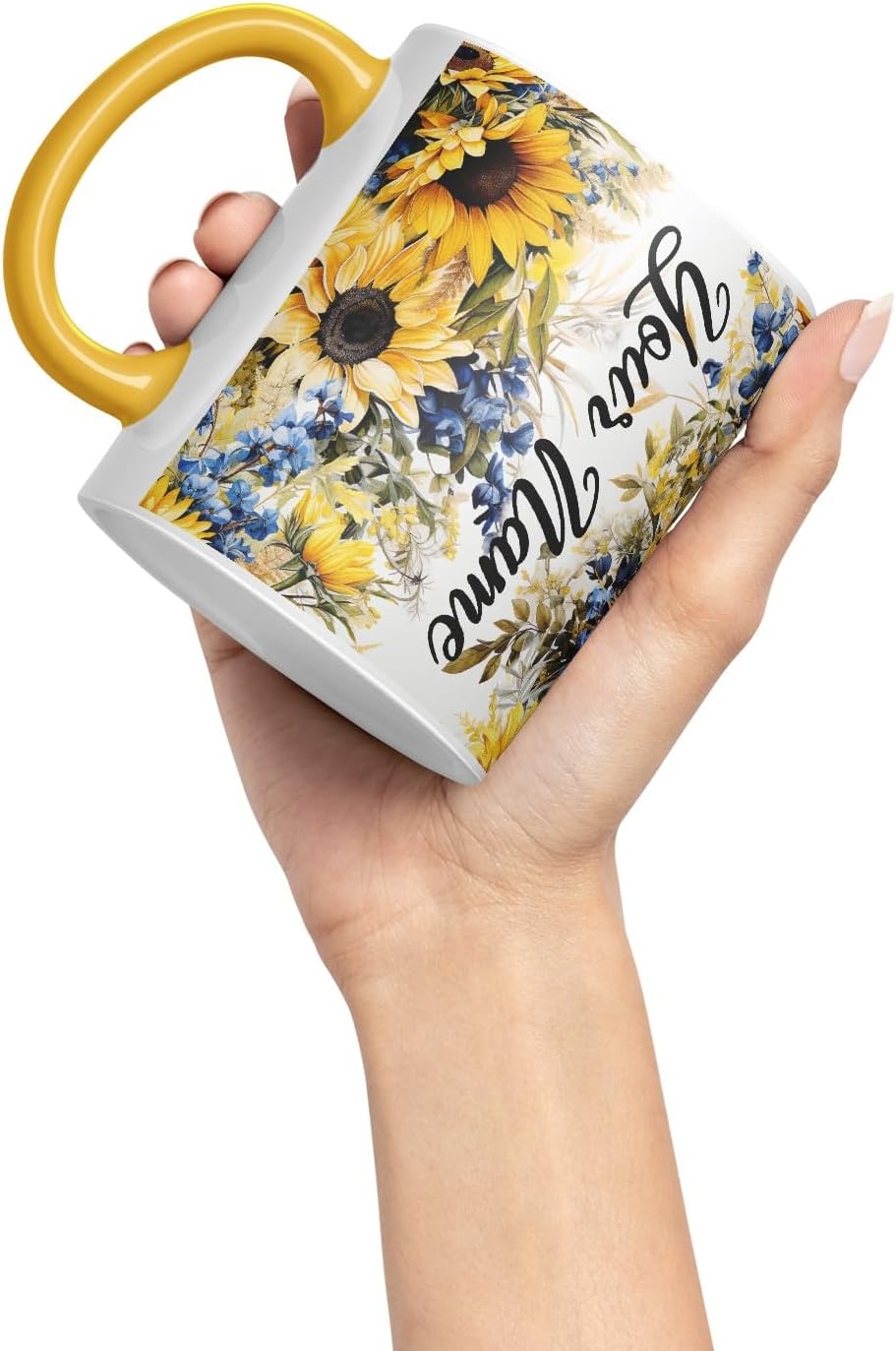 Vixar Personalised Sunflower Mug – Custom Your Name Coloured Ceramic Mug Cup Gift, 11oz (Gold Yellow)