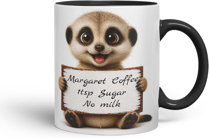 Vixar Personalised Meerkat Mug with Name or Custom Message – Cute Animal Coloured Ceramic Mug Cup Gift, 11oz (Black)