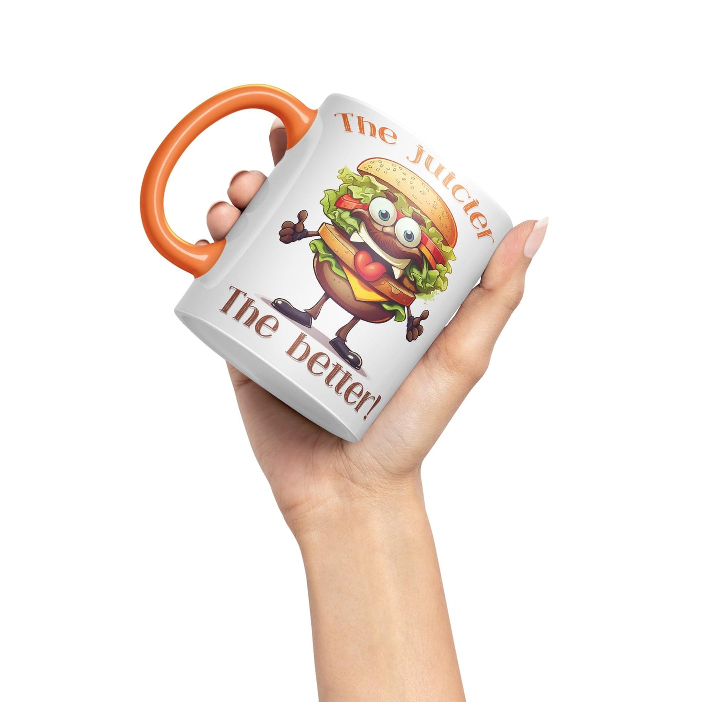 The Juicier The Better Burger, Joke sarkasm Sarcastic Ceramic Coloured Mug Cup for Tea Coffee Hot Brew 330ml 11Oz Gift