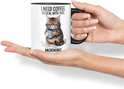 Vixar I Need Coffee to Deal with This Morning Survival Kit Cat Mug – Coloured Ceramic Mug Cup Gift, 11oz (Black)