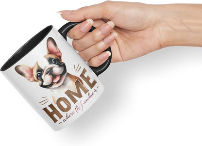 Vixar Home is Where The Frenchie is French Bulldog Mug – Coloured Ceramic Mug Cup Gift, 11oz (Black)