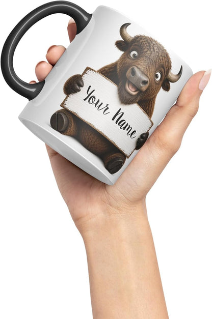 Vixar Personalised Bison Mug with Name or Custom Message – Cute Animal Coloured Ceramic Mug Cup Gift, 11oz (Black)