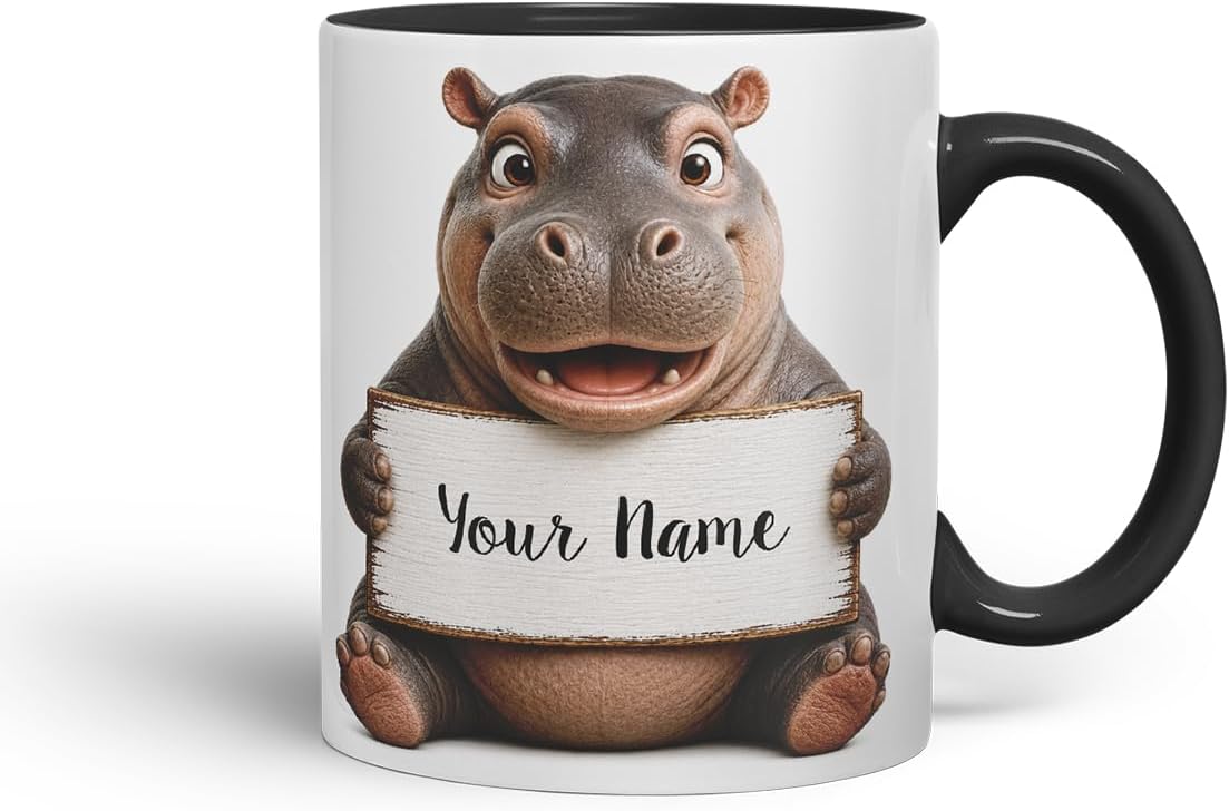 Vixar Personalised Hippo Mug with Name or Custom Message – Cute Animal Coloured Ceramic Mug Cup Gift, 11oz (Black)