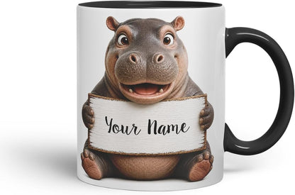 Vixar Personalised Hippo Mug with Name or Custom Message – Cute Animal Coloured Ceramic Mug Cup Gift, 11oz (Black)
