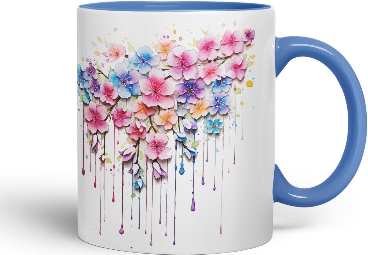Vixar Cherry Blossom Sakura Mug Coloured Ceramic Mug Cup Gift, 11oz (C Blue)