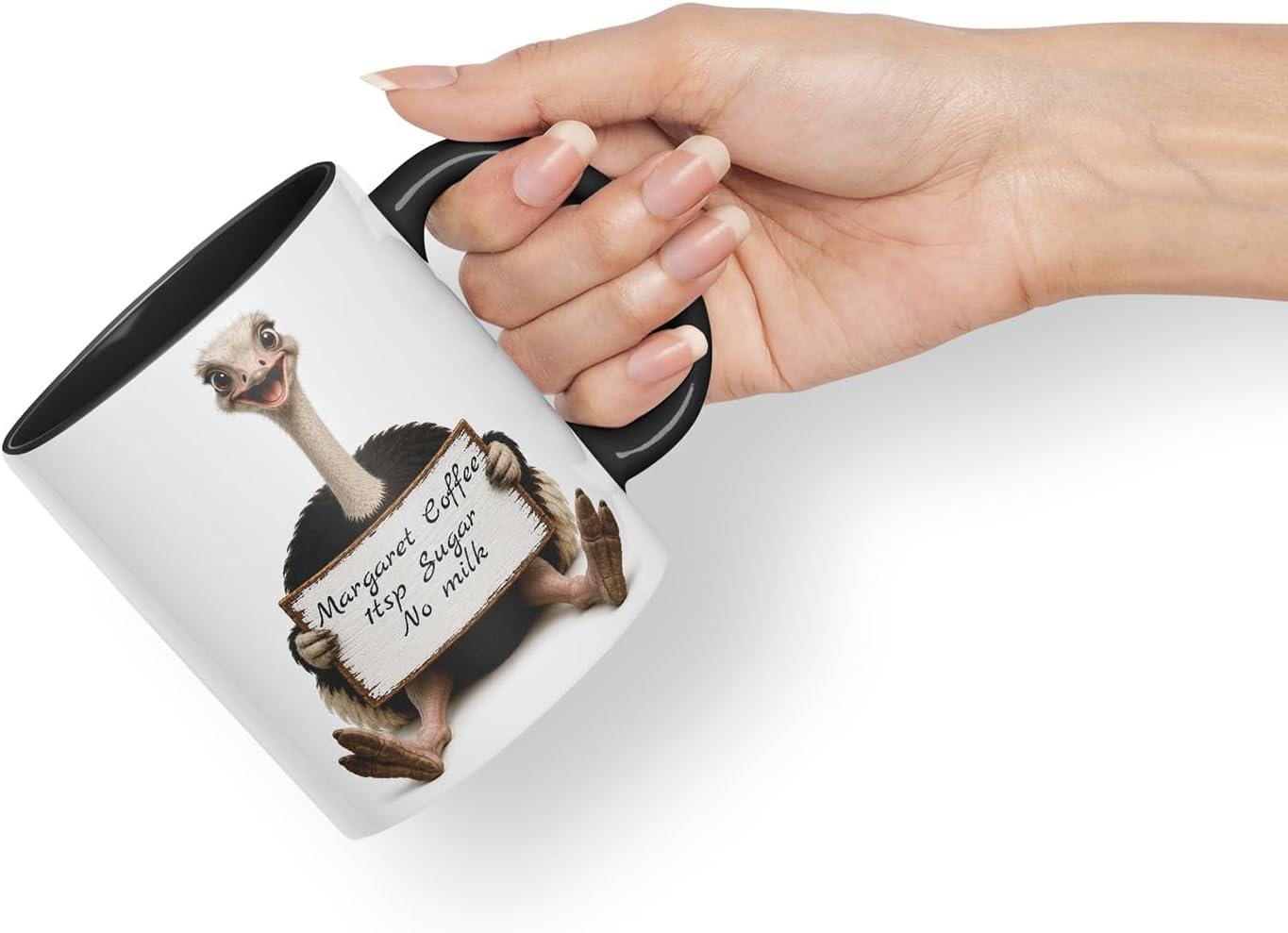 Vixar Personalised Ostrich Mug with Name or Custom Message – Cute Animal Coloured Ceramic Mug Cup Gift, 11oz (Black)