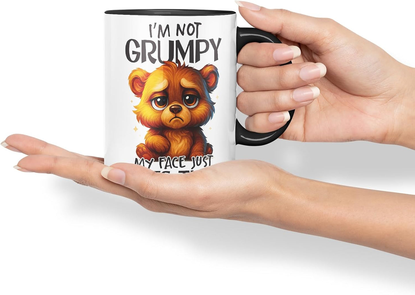 Vixar I'm Not Grumpy My Face Just Does that Funny Bear Mug – Coloured Ceramic Mug Cup Gift, 11oz (Black)