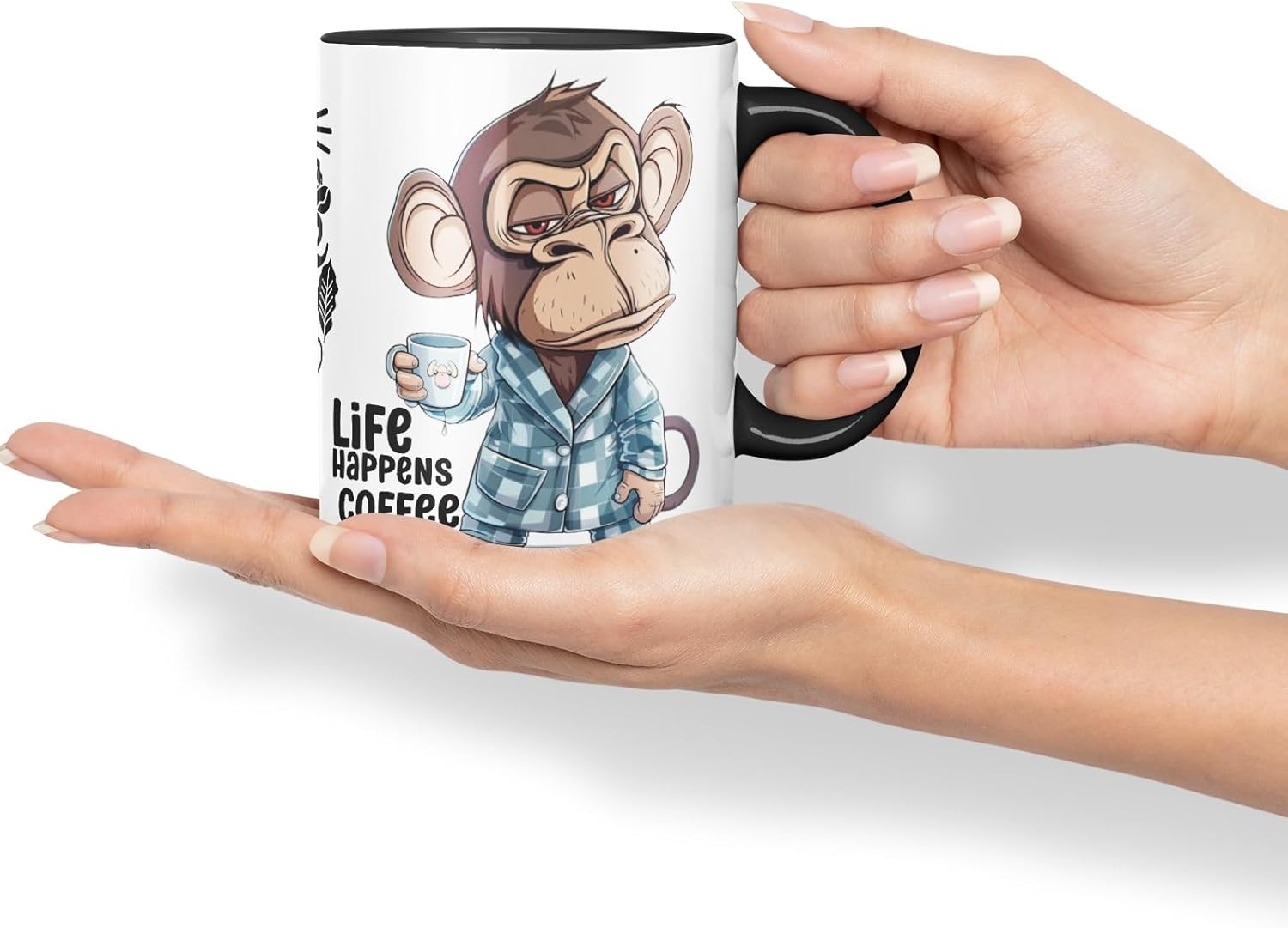 Vixar Life Happens Coffee Helps Monkey Mug – Coloured Ceramic Mug Cup Gift, 11oz (Black)
