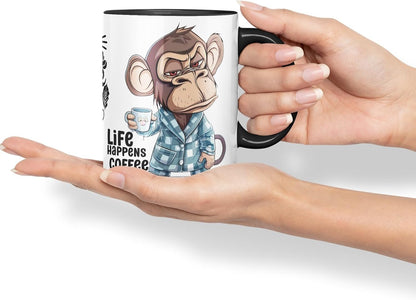 Vixar Life Happens Coffee Helps Monkey Mug – Coloured Ceramic Mug Cup Gift, 11oz (Black)