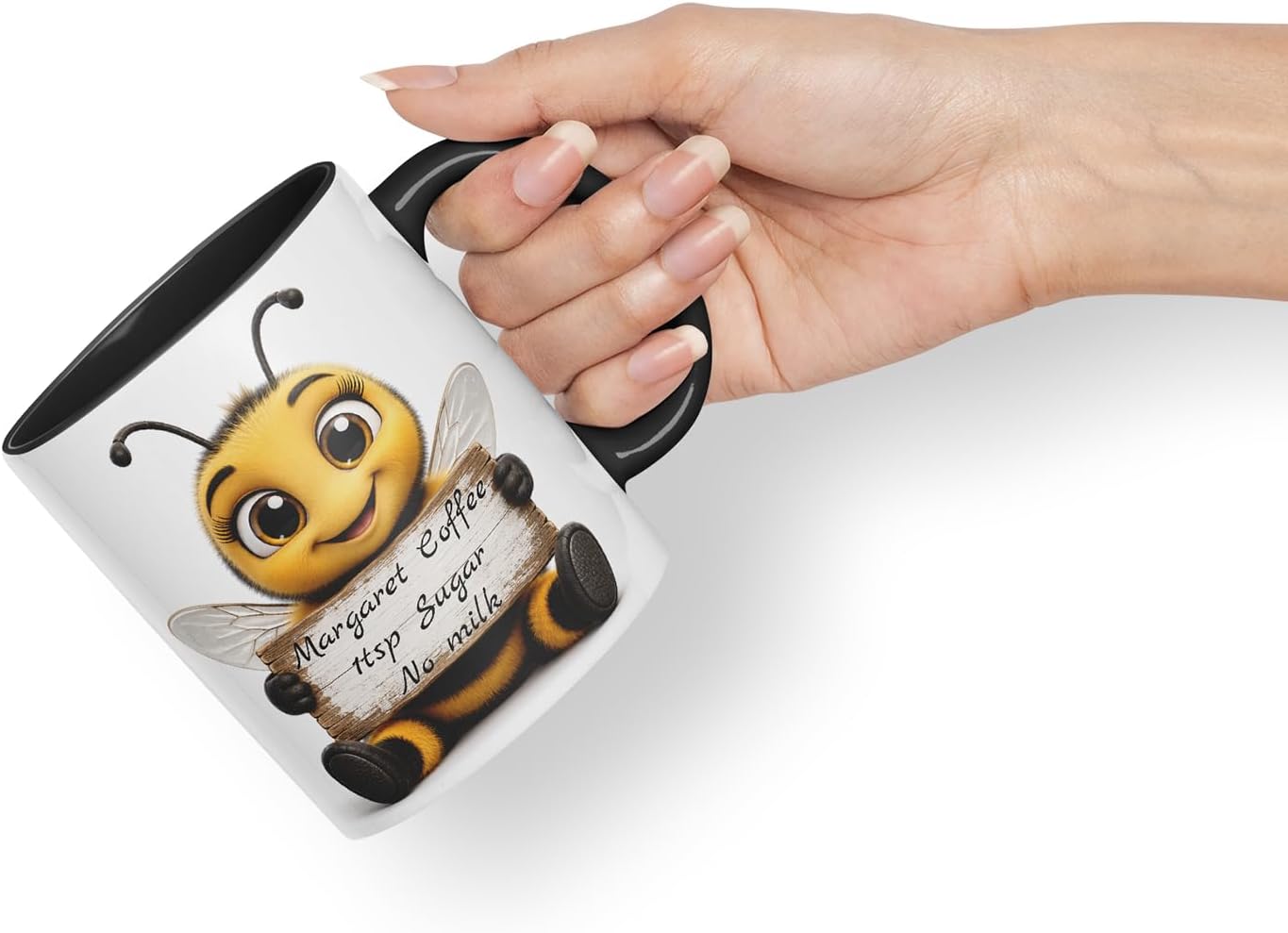 Vixar Personalised Bee Mug with Name or Custom Message – Cute Animal Coloured Ceramic Mug Cup Gift, 11oz (Black)