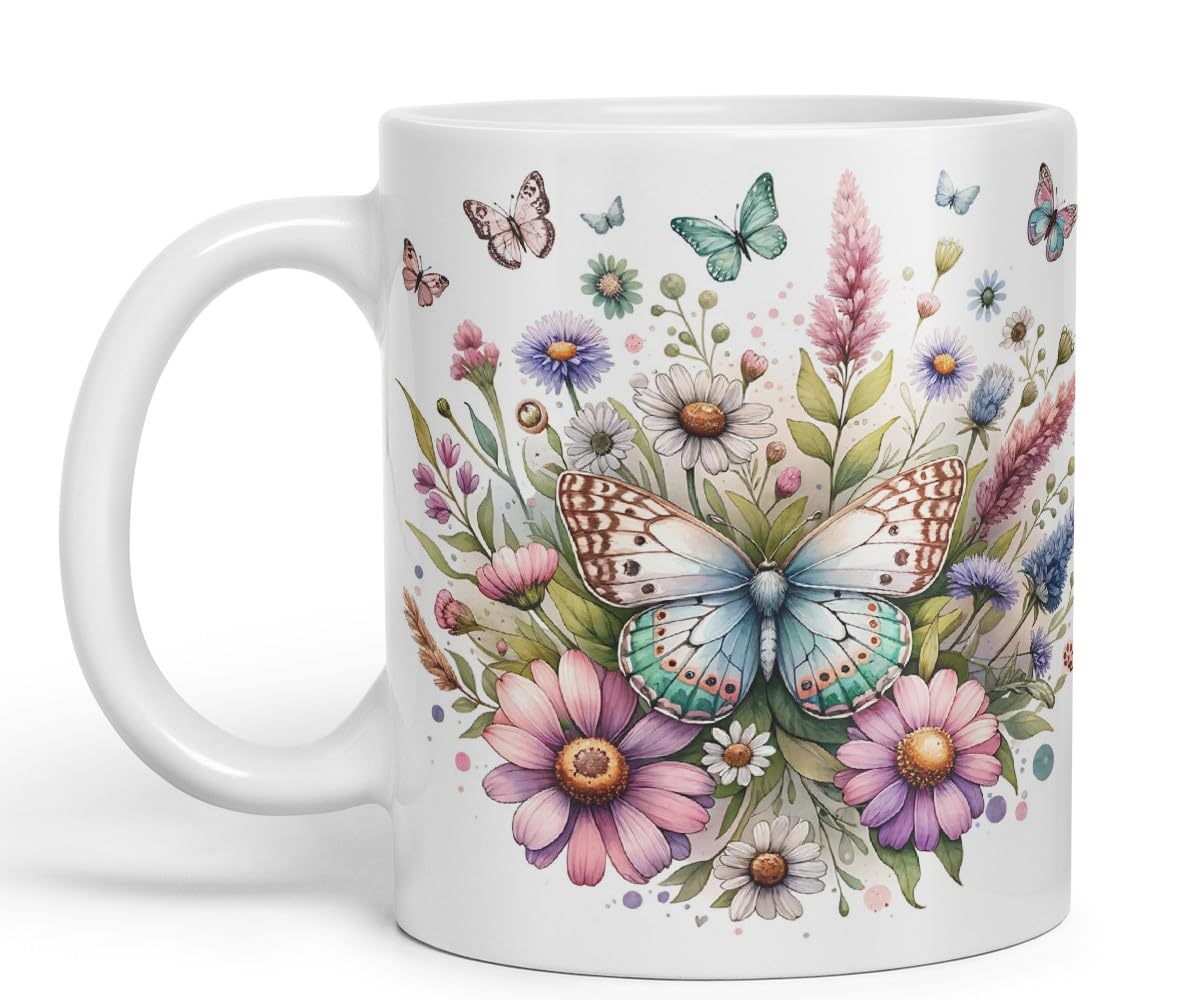 Vixar Butterflies and Wildflowers Coloured Mug Cup Floral Garden Nature Gift 11oz (Black)