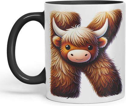 Highland Cow Alphabet Monogram Coloured Ceramic Cup Mug Letter K Rustic Farmhouse Animal Letter Gift V2 11oz (Black)