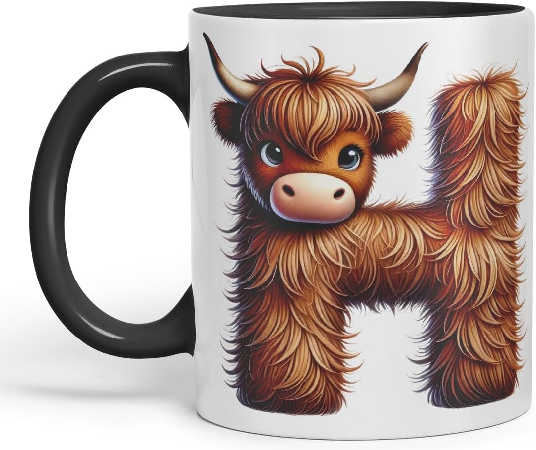 Highland Cow Alphabet Monogram Coloured Ceramic Cup Mug Letter H Rustic Farmhouse Animal Letter Gift V2 11oz (Black)