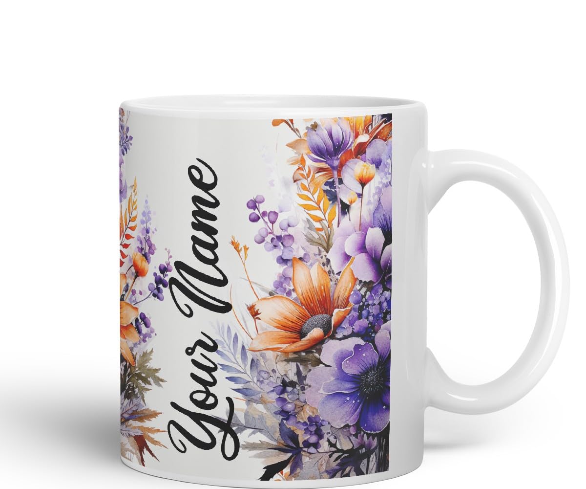 Vixar Personalised Orange Daisy Mug – Custom Your Name Coloured Ceramic Mug Cup Gift, 11oz (Orange)