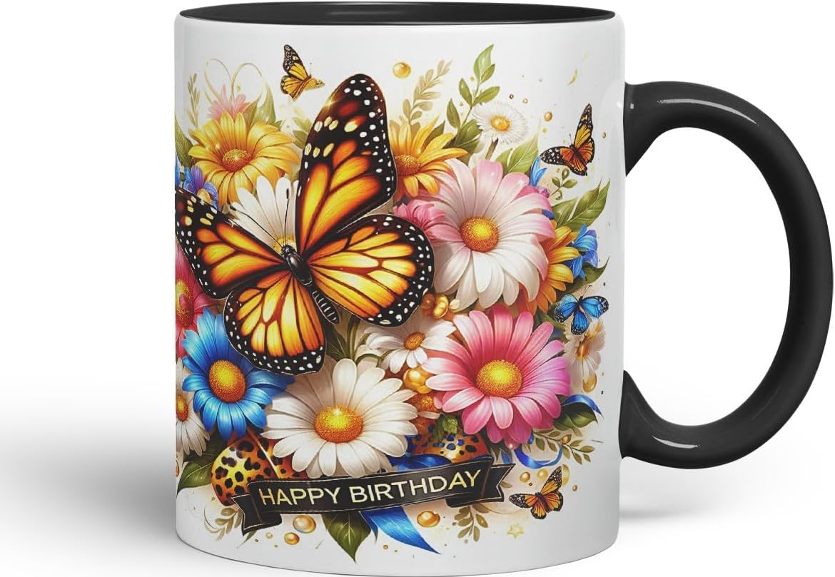 Vixar Happy Birthday Golden Butterfly Daisies Coloured Ceramic Mug Cup Gift 11oz V11 (Black)