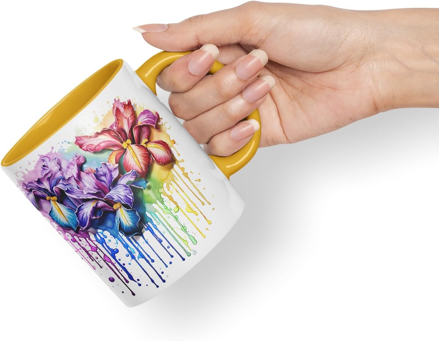 Vixar Iris Watercolour Garden Mug Coloured Ceramic Mug Cup Gift, 11oz (Gold Yellow)