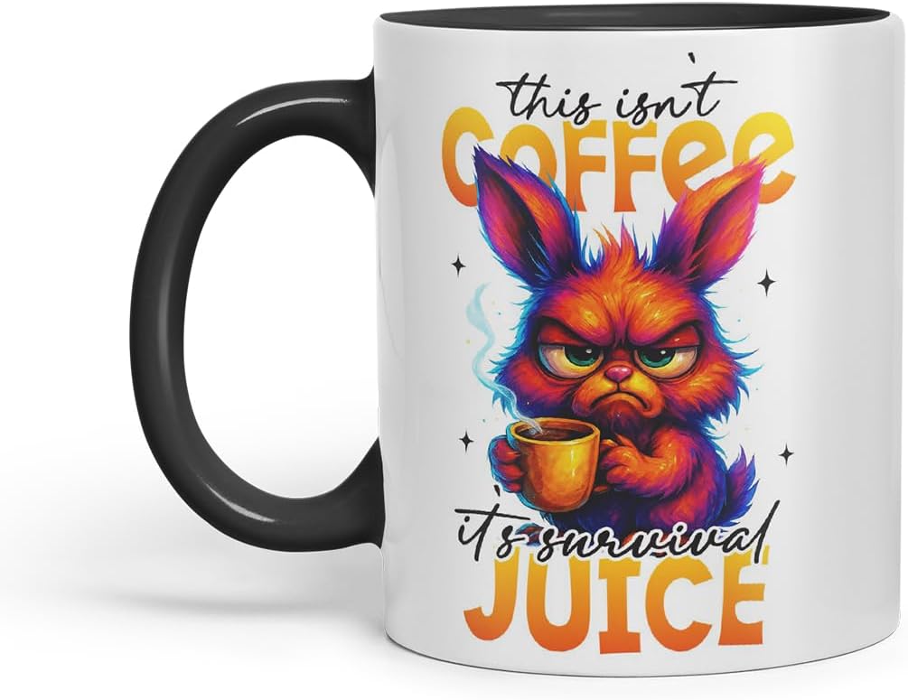 Vixar This Isn't Coffee It's Survival Juice Funny Bunny Coffee Mug – Coloured Ceramic Mug Cup Gift, 11oz (Black)