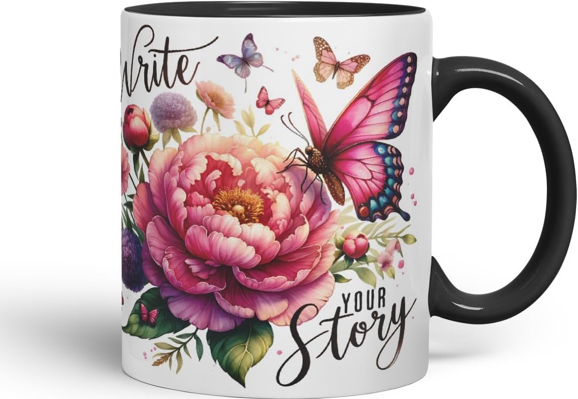 Vixar Write Your Story Butterfly Coloured Mug Cup Floral Inspirational Gift 11oz (Black)