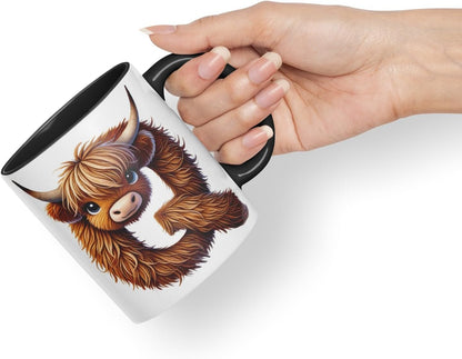 Highland Cow Alphabet Monogram Coloured Ceramic Cup Mug Letter Q Rustic Farmhouse Animal Letter Gift V2 11oz (Black)