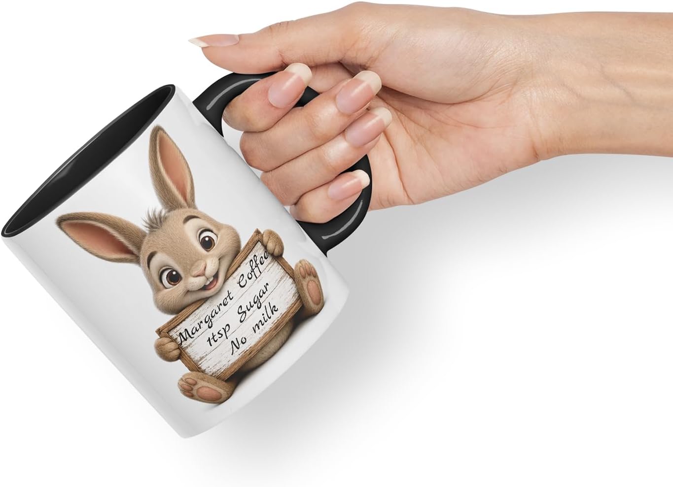 Vixar Personalised Hare Mug with Name or Custom Message – Cute Animal Coloured Ceramic Mug Cup Gift, 11oz (Black)