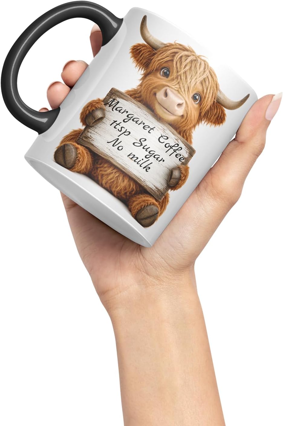 Vixar Personalised Highland Cow Mug with Name or Custom Message – Cute Animal Coloured Ceramic Mug Cup Gift, 11oz (Black)