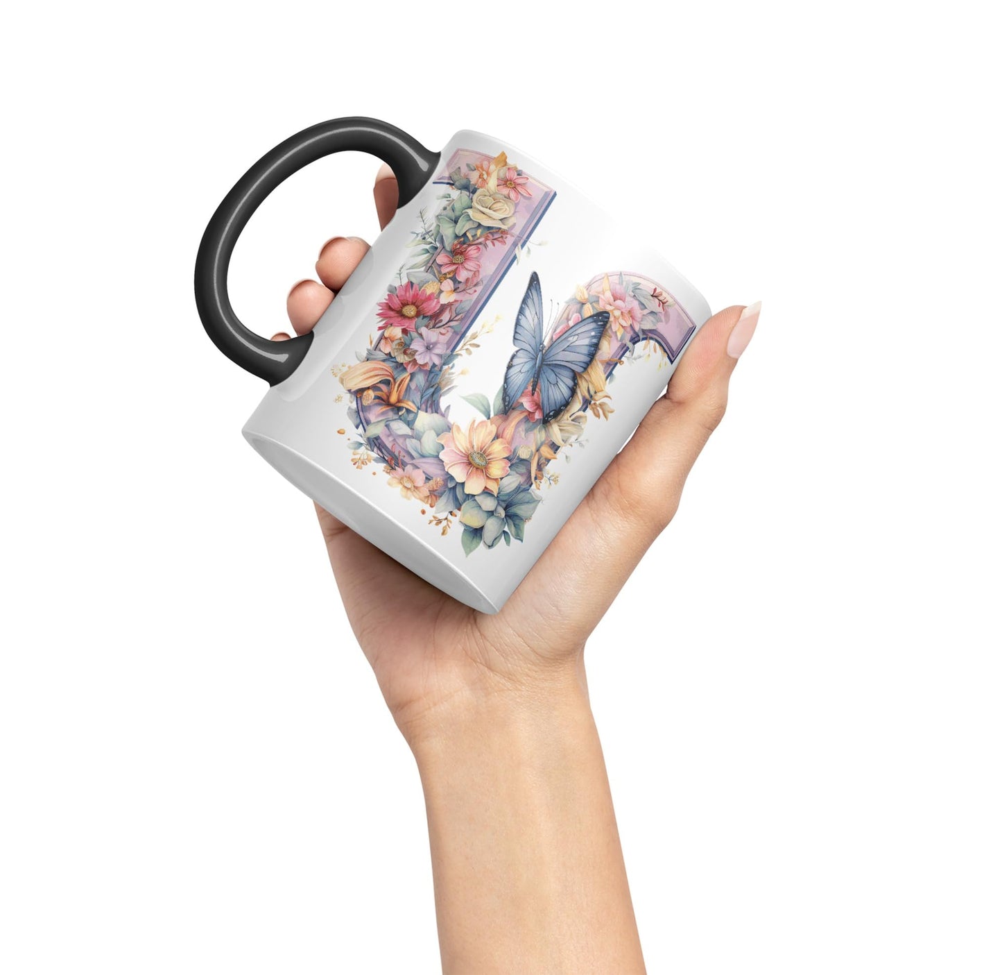 Letter U mug, Floral flowers butterfly Alphabet Letter U Monogram watercolour Ceramic Coloured Mug Cup for Tea Coffee Hot brew 330ml 11Oz Gift