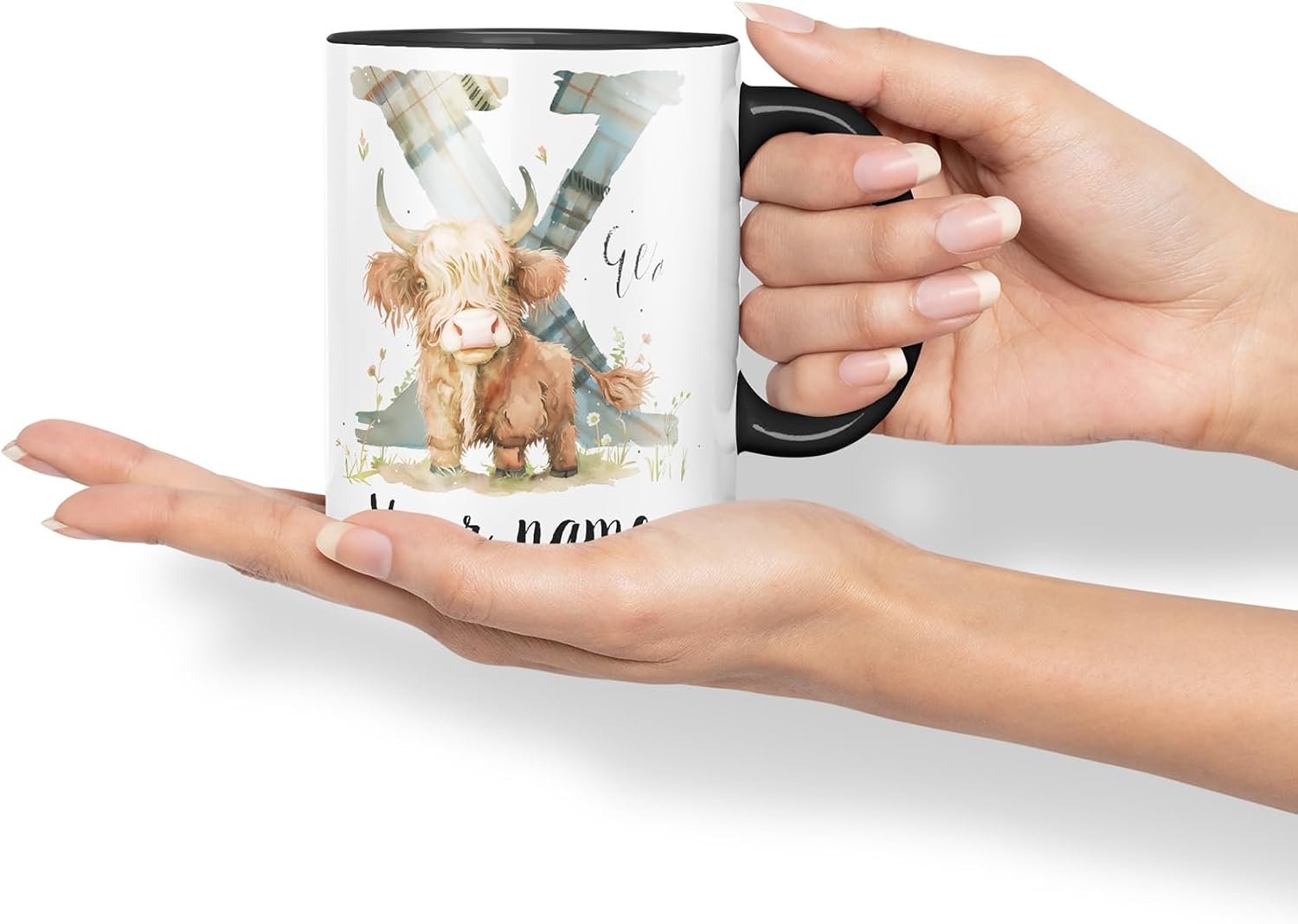 Vixar Personalised Highland Cow Initial Letter X Custom Name Mug – Coloured Ceramic Mug Cup Gift, 11oz (Black)