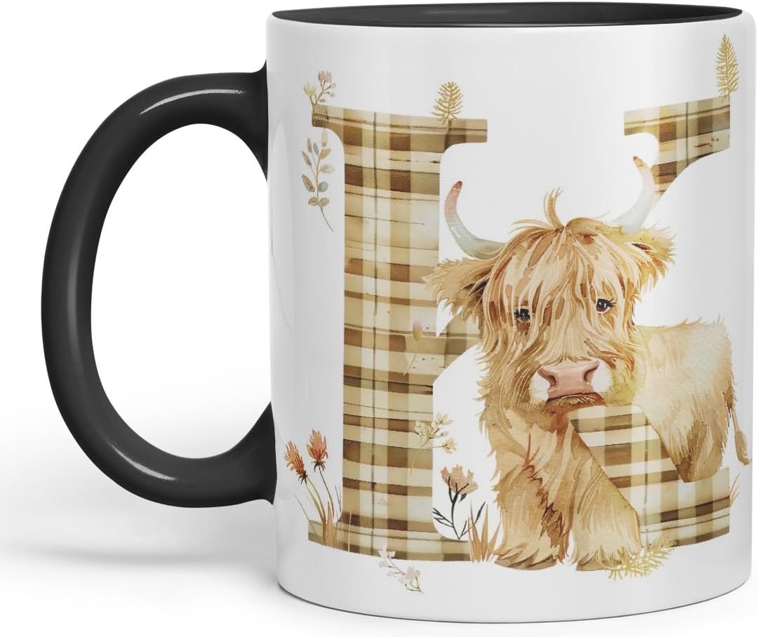 Vixar Highland Cow Alphabet Monogram Coloured Ceramic Cup Mug – Letter K – Rustic Farmhouse Animal Letter Gift – 11oz (Black)