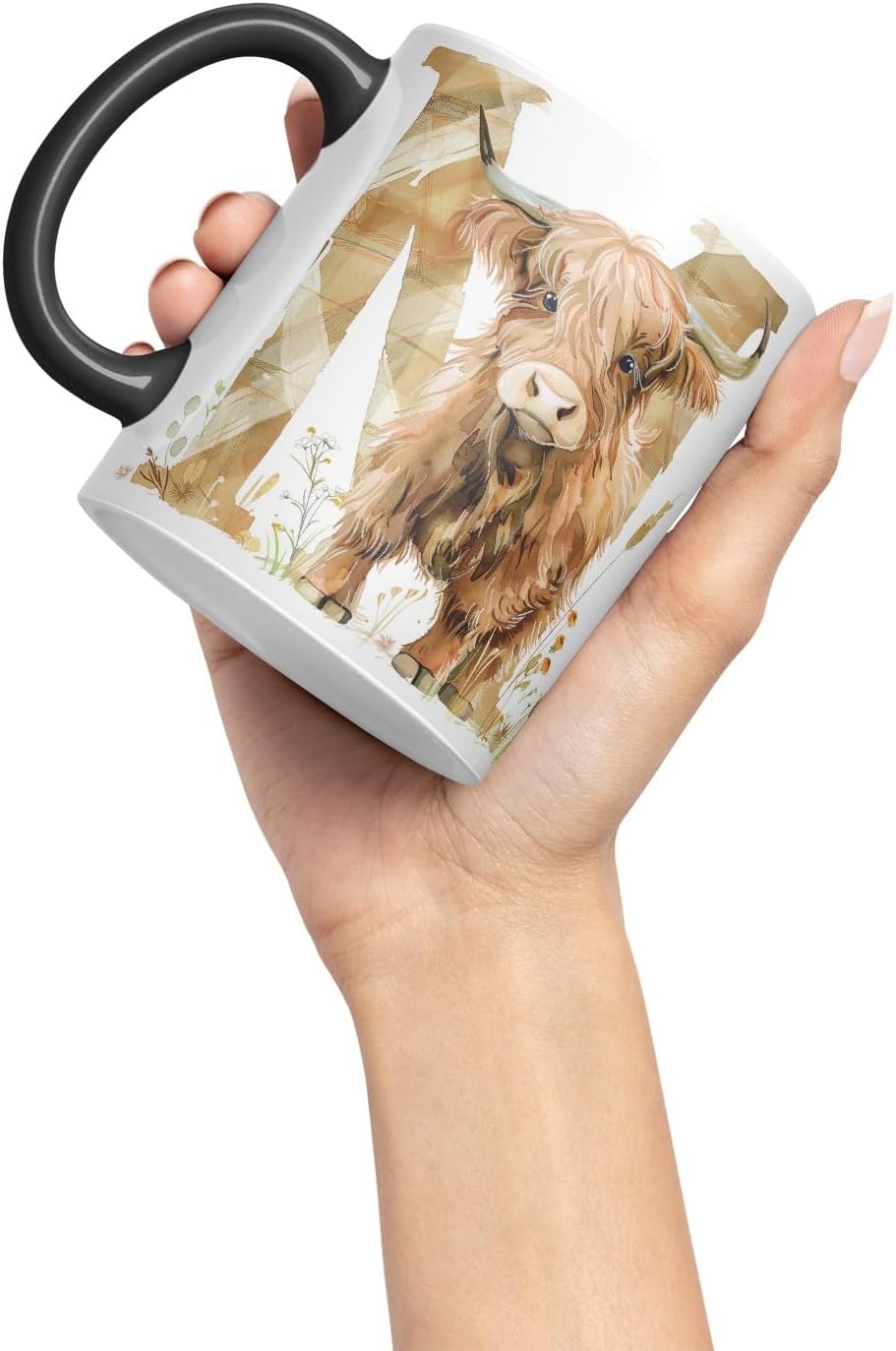 Vixar Highland Cow Alphabet Monogram Coloured Ceramic Cup Mug – Letter M – Rustic Farmhouse Animal Letter Gift – 11oz (Black)