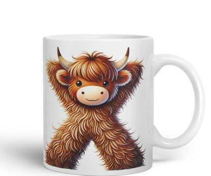 Highland Cow Alphabet Monogram Coloured Ceramic Cup Mug Letter X Rustic Farmhouse Animal Letter Gift V2 11oz (Black)