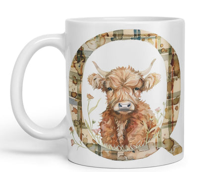 Vixar Highland Cow Alphabet Monogram Coloured Ceramic Cup Mug – Letter Q – Rustic Farmhouse Animal Letter Gift – 11oz (Black)
