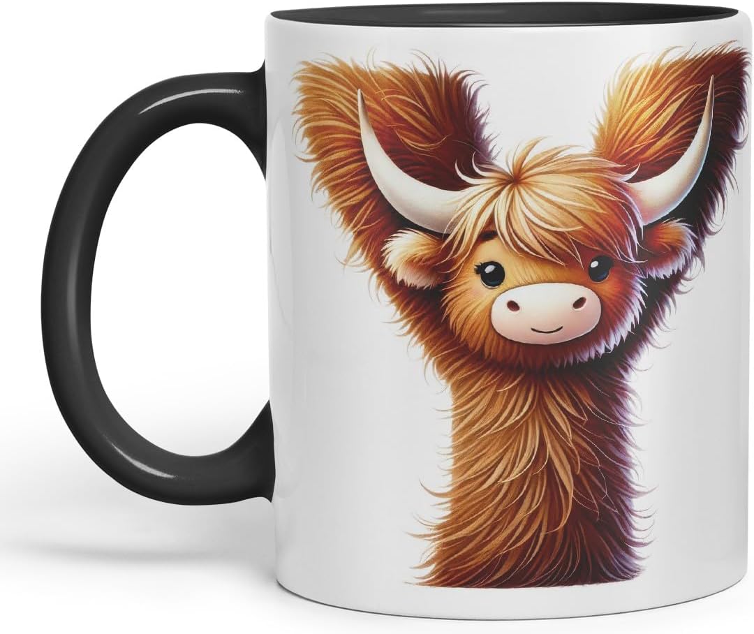 Highland Cow Alphabet Monogram Coloured Ceramic Cup Mug Letter Y Rustic Farmhouse Animal Letter Gift V2 11oz (Black)