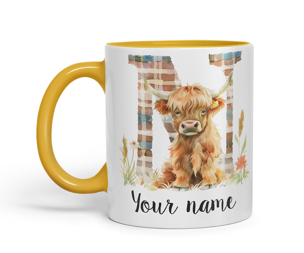 Vixar Personalised Highland Cow Initial Letter N Custom Name Mug – Coloured Ceramic Mug Cup Gift, 11oz (Black)