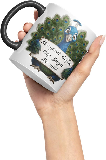 Vixar Personalised Peacock Mug with Name or Custom Message – Cute Animal Coloured Ceramic Mug Cup Gift, 11oz (Black)