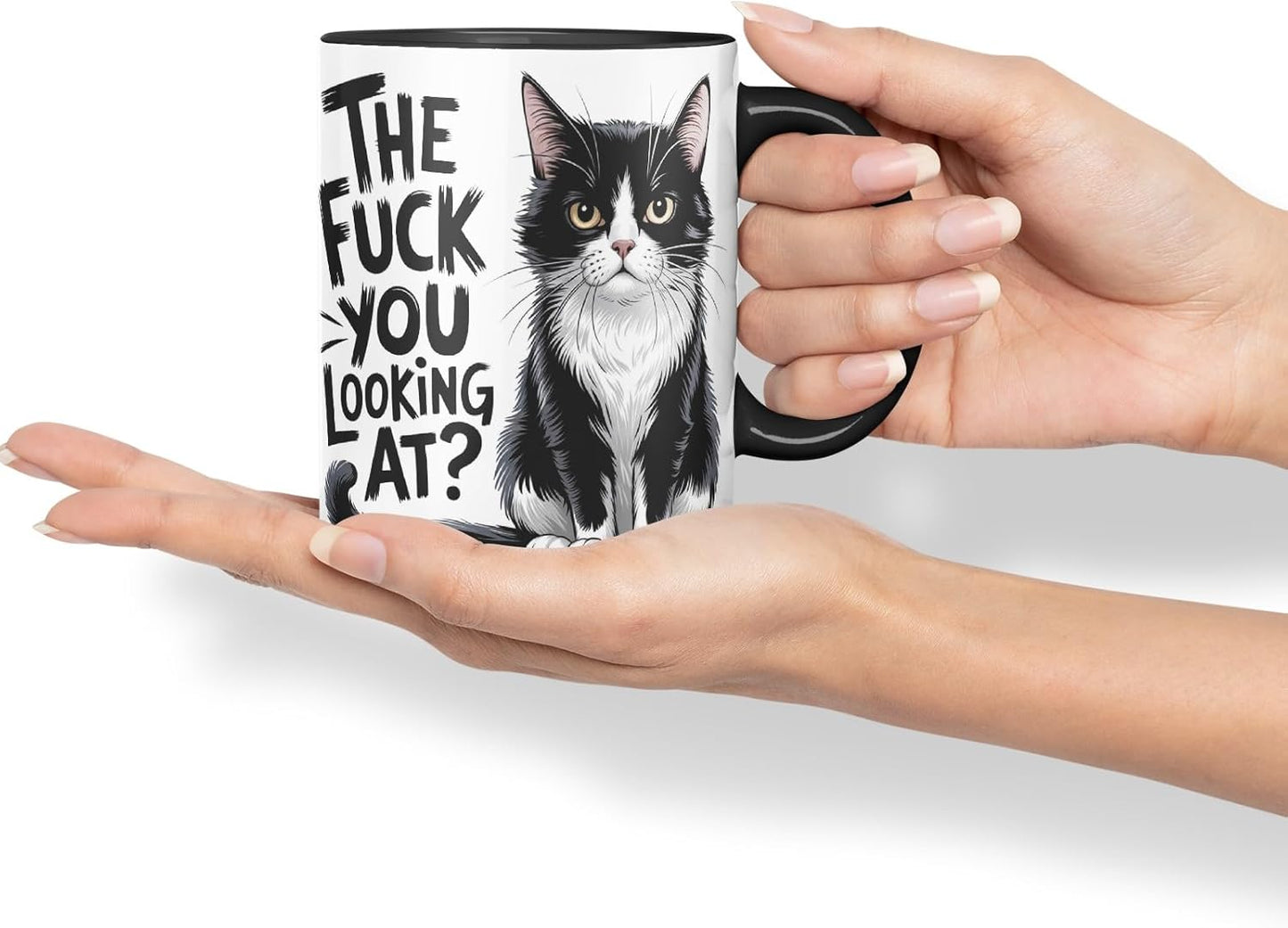 Vixar The F*** You Looking at? Sarcastic cat Coloured Ceramic Mug Cup Gift, 11oz (Black)