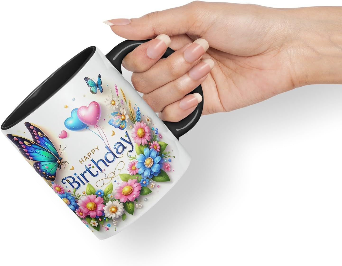 Vixar Happy Birthday Butterfly Floral Design Coloured Ceramic Mug Cup Gift 11oz V1 (Black)