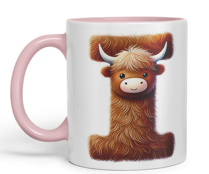 Highland Cow Alphabet Monogram Coloured Ceramic Cup Mug Letter I Rustic Farmhouse Animal Letter Gift V2 11oz (Black)